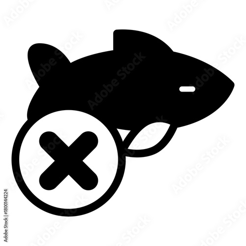 Fishing ban solid icon, seafood concept. Vector graphics. Fish with close button, forbidden item sign on white background, style icon mobile or web design.