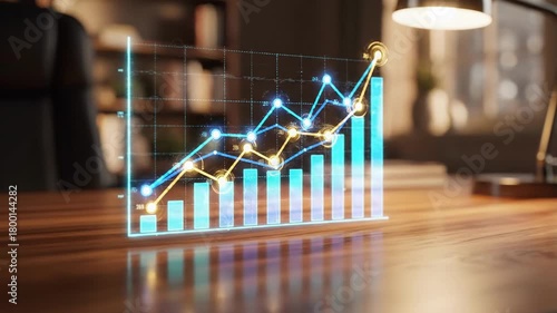 A holographic 3D bar and line chart slowly rising from a wooden table, demonstrating financial growth and business success. 4K Ai HD video.