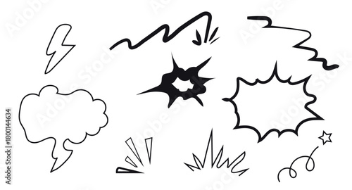 Collection of Hand-Drawn Comic-Style Doodles and Cartoonish Explosions Isolated on White Background Vector Set of Black and White Graphic Elements