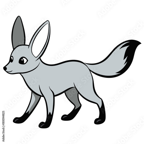 Cute cartoon fennec fox walking with big ears and bushy tail