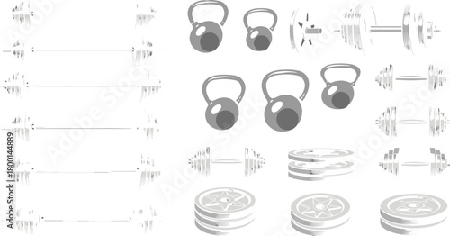 Gym fitness equipment set with dumbbells, barbells, kettlebells, and weight plates, vector illustration for workout, bodybuilding, and strength training design