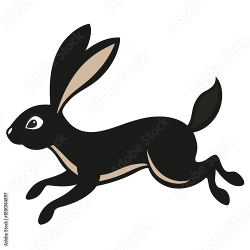 Stylized black rabbit or hare running with long ears and a bushy tail
