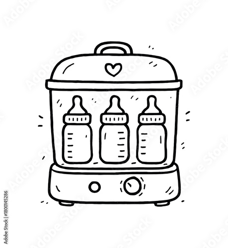 handdrawn cute doodle style baby bottle sterilizer vector line illustration