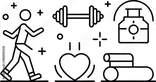 Healthy lifestyle icons: running, weights, heart, treadmill, perfume