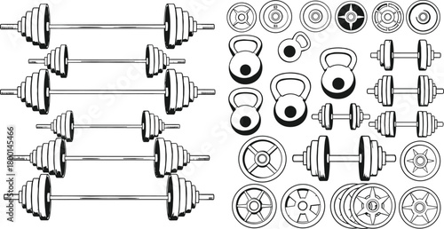 Gym fitness equipment collection with barbells, dumbbells, kettlebells, and weight plates, strength training workout illustration, bodybuilding exercise gear vector design