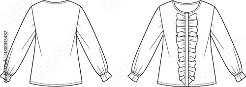 Fashion blouse technical sketch with front ruffle detail, long sleeves, gathered cuffs, sewing pattern illustration, garment design template, apparel flat drawing