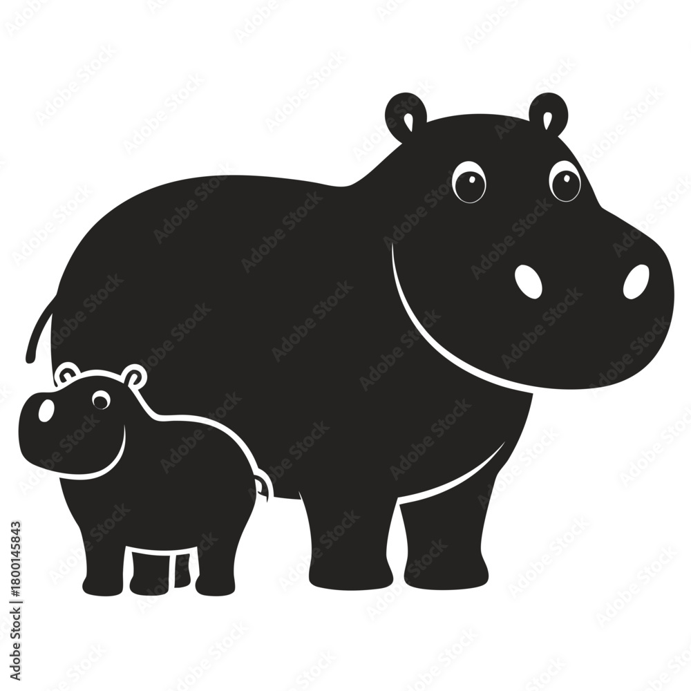 Fototapeta premium Cute cartoon mother and baby hippopotamus illustration