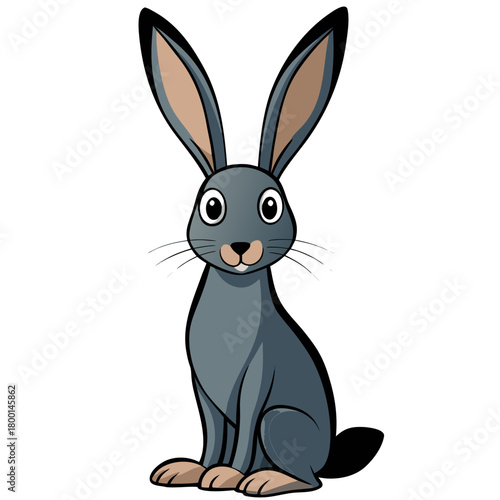 Cute cartoon hare with long ears sitting and looking forward