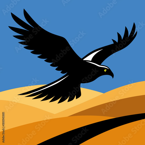 Stylized black hawk soaring over desert dunes