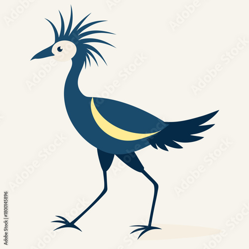 Cartoon illustration of a blue crowned crane walking