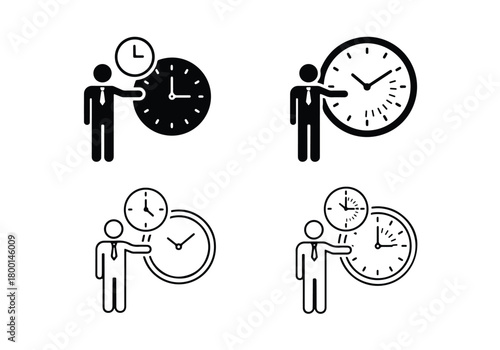 Business person showing time management clock icons set - Vector icon symbol for website - Icon vector - Blue icon vector - Line and glyph solid icon set