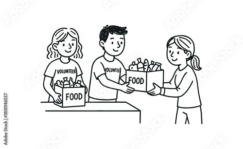 handdrawn cute doodle style volunteers distributing food boxes vector line illustration