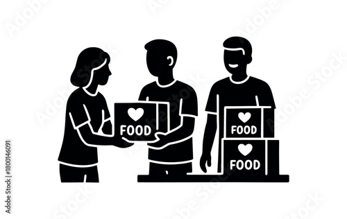 volunteers distributing food boxes flat black solid vector illustration isolated on white background