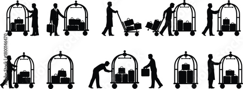 Hotel staff silhouette, bellhop pushing luggage cart, guest assistance, hospitality service, travel concept, black icon, vector illustration, concierge