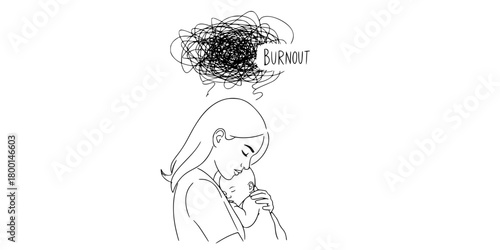 Motherhood Burnout Chaos Scribble Minimalist Line Art Vector