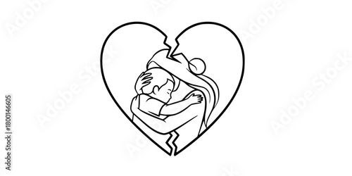 Maternal Vulnerability Broken Heart Embrace Minimalist Line Art