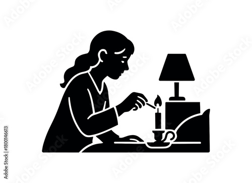 woman lighting candle before sleep flat black solid vector illustration isolated on white background