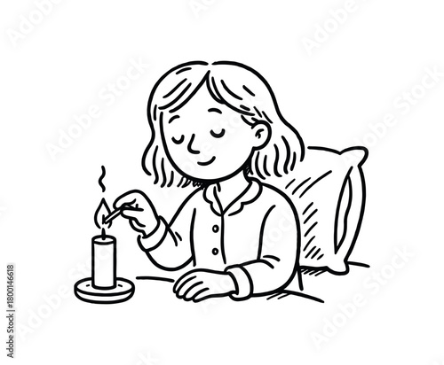 handdrawn cute doodle style woman lighting candle before sleep vector line illustration