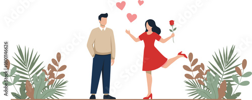Romantic couple illustration, love scene, Valentine's Day art, red dress woman, rose gift, affection, hearts, romance, relationship, dating