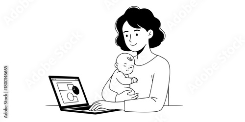 Working Mom Multitasking Laptop Baby Flat Vector Illustration
