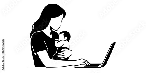 Working Mom Multitasking Laptop Baby Flat Vector Illustration