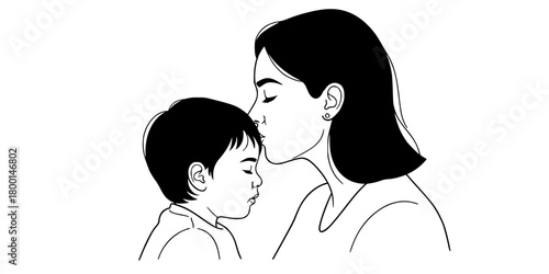 Mother Kissing Toddler Forehead Close-Up Flat Vector