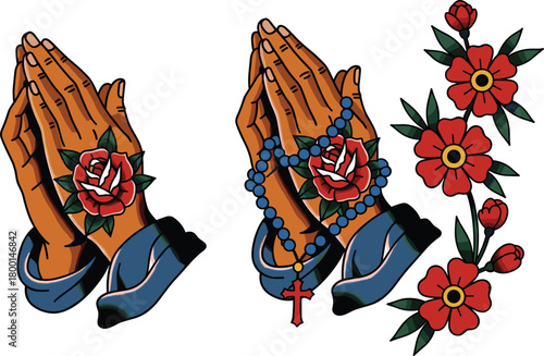 Tattoo-style praying hands, rose tattoo, rosary cross, religious art, floral design, spiritual symbol, vector illustration, sacred ink, vintage style