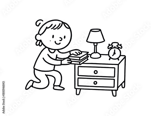 handdrawn cute doodle style person tidying nightstand vector line illustration