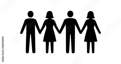 people silhouettes holding hands flat black solid vector illustration isolated on white background