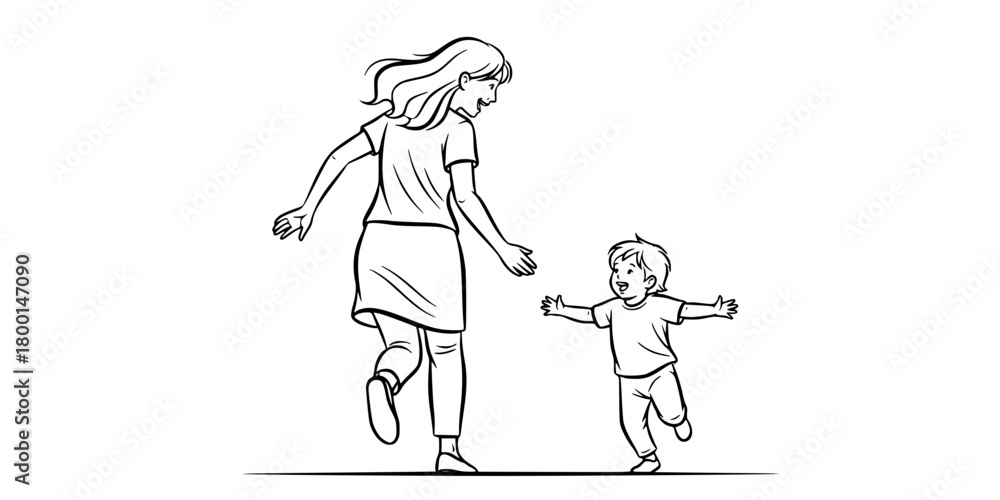 Fototapeta premium Mother and Child Running Playfully Simple Line Art Vector