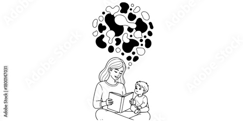 Mother Reading Storybook Imagination Simple Line Art Vector