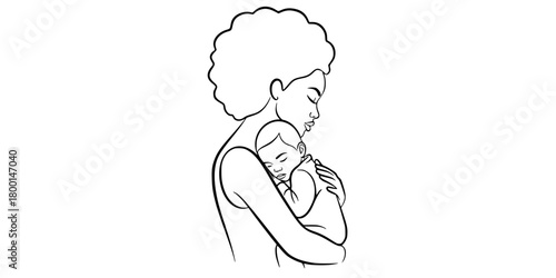 Diverse Mother and Child Close Embrace Minimalist Line Art