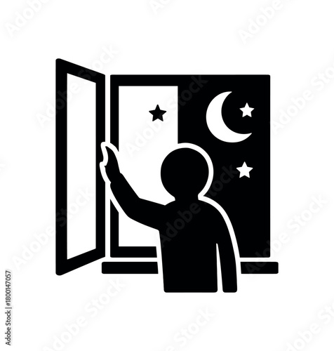 person opening window for night air flat black solid vector illustration isolated on white background