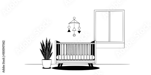 Modern Minimalist Nursery Crib Potted Plant Flat Vector