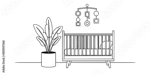 Modern Minimalist Nursery Crib Potted Plant Flat Vector