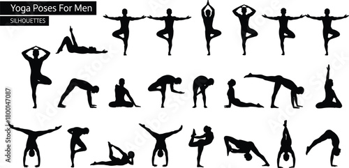Yoga poses for men, male silhouette yoga, fitness flexibility balance, yoga posture guide, exercise routine, wellness, meditation, stretching, strength