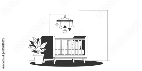 Modern Minimalist Nursery Crib Potted Plant Flat Vector
