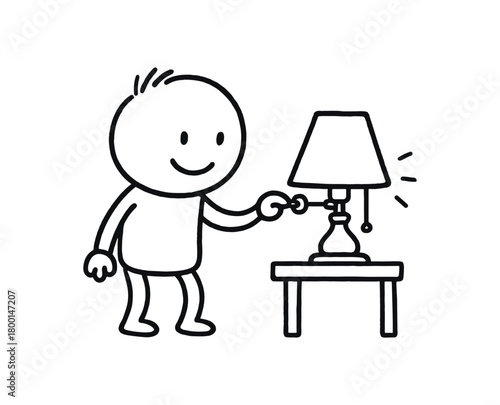 handdrawn cute doodle style person dimming bedside lamp vector line illustration