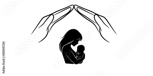 Hands Forming Roof Mother Child Protection Line Art Vector