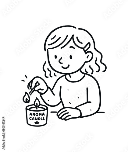 handdrawn cute doodle style woman lighting aroma candle vector line illustration