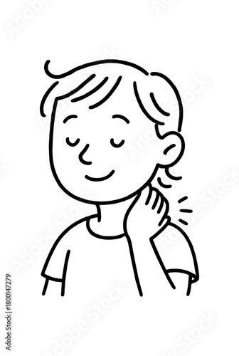 handdrawn cute doodle style person massaging neck gently vector line illustration