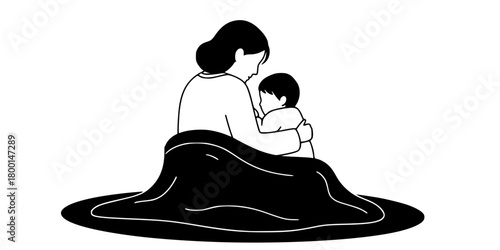 Mother Child Sharing Blanket Cozy Flat Vector Illustration