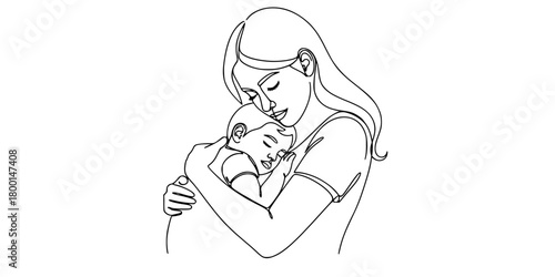 Mother Holding Sleeping Child Continuous Line Art Vector