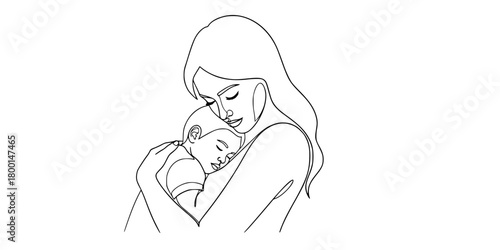 Mother Holding Sleeping Child Continuous Line Art Vector