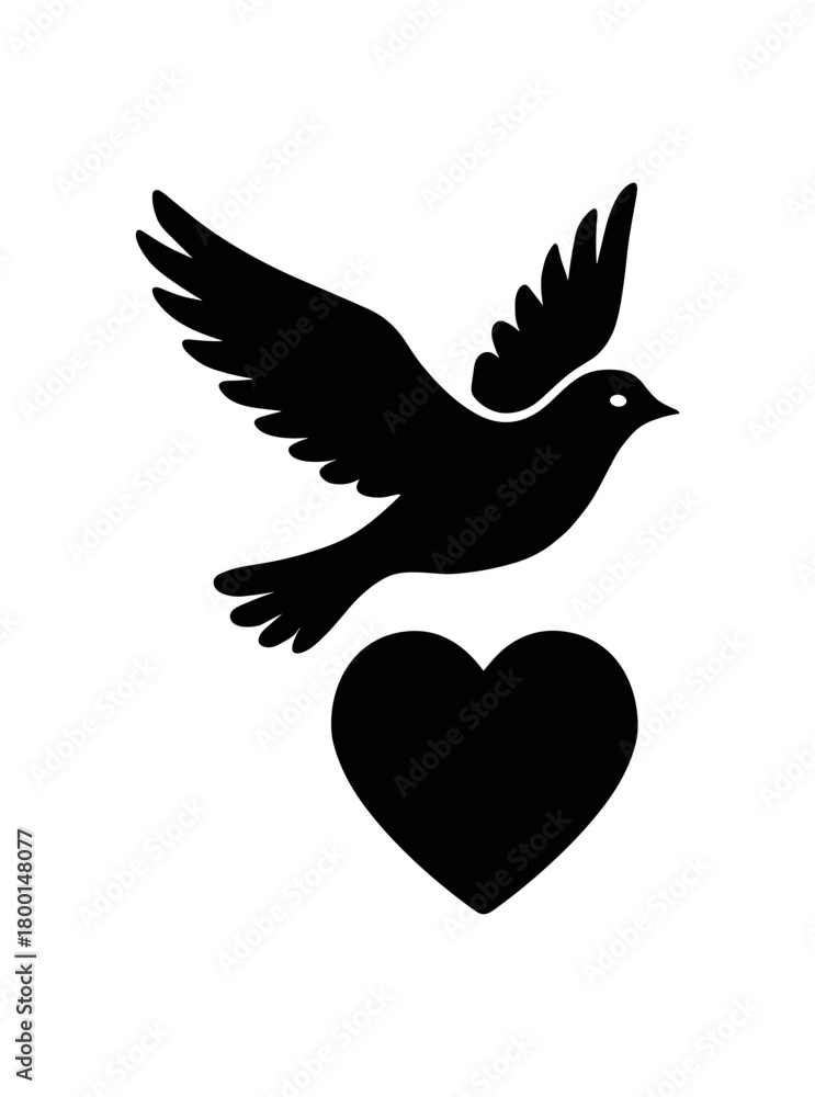 Obraz premium bird flying over heart flat black solid vector illustration isolated on white background