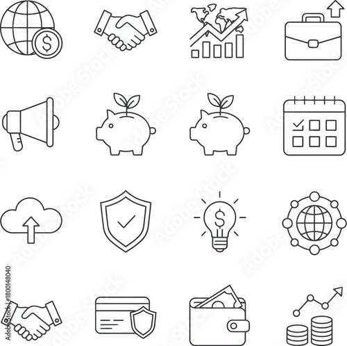 Adobe IlluModern business, finance, and marketing line icon set featuring global economy, investment, security, success, and planning for digital platforms and print media designs.strator Artwork