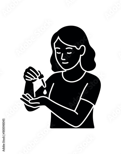 woman applying essential oil to wrists flat black solid vector illustration isolated on white background