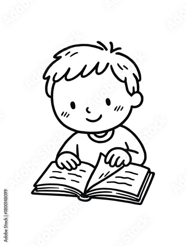 handdrawn cute doodle style person turning pages of book slowly vector line illustration