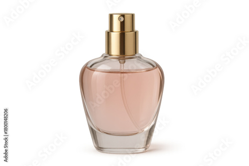Perfume bottle with a delicate pink fragrance and golden sprayer, reflecting luxury and elegance. Cutout isolating the product