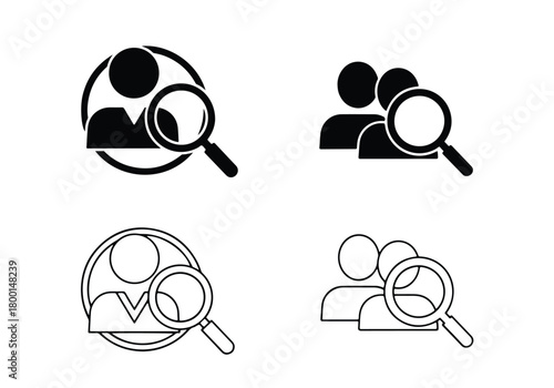 Magnifying glass over people icons search research analysis - Vector icon symbol for website - Icon vector - Blue icon vector - Line and glyph solid icon set
